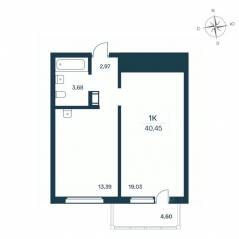 ЖК «Расцветай в Янино», планировка 1-комнатной квартиры, 40.70 м²
