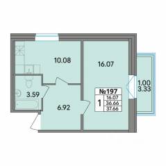 ЖК «Рождественский квартал», планировка 1-комнатной квартиры, 37.66 м²