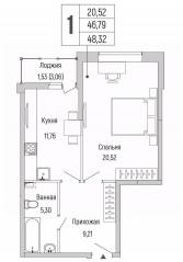 ЖК «Riga Hills», планировка 1-комнатной квартиры, 48.32 м²