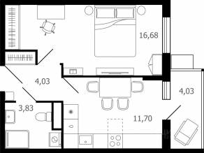 ЖК «Десятка», планировка 1-комнатной квартиры, 37.70 м²