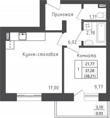 ЖК «Зеленый Оазис-Город», планировка 1-комнатной квартиры, 38.21 м²