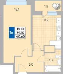 ЖК «Самоцветы мира», планировка 1-комнатной квартиры, 40.60 м²