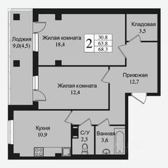 ЖК «Южная заря», планировка 2-комнатной квартиры, 72.90 м²