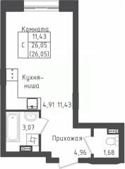 ЖК «Зеленый Оазис-Город», планировка студии, 26.05 м²
