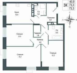 ЖК «Киноквартал», планировка 3-комнатной квартиры, 73.30 м²
