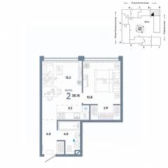 ЖК «Страна.Озерная», планировка 2-комнатной квартиры, 38.10 м²