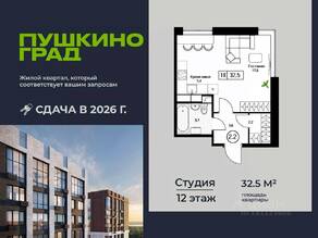 ЖК «Пушкино Град», планировка студии, 32.50 м²