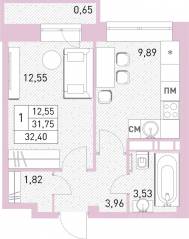 ЖК «Столичный», планировка 1-комнатной квартиры, 32.00 м²