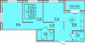 МЖК «Образцовый квартал 17», планировка 3-комнатной квартиры, 76.37 м²