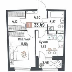 ЖК «Авиатор» (Девяткино), планировка 1-комнатной квартиры, 33.49 м²