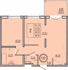 МЖК «Образцовый квартал 16», планировка 2-комнатной квартиры, 61.26 м²