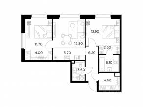 ЖК «Квартал Белый Град», планировка 3-комнатной квартиры, 69.50 м²