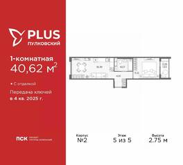 ЖК «Plus Пулковский», планировка 1-комнатной квартиры, 40.62 м²