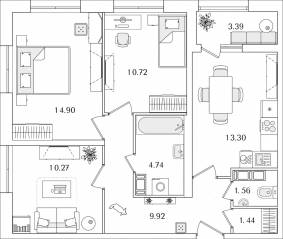 ЖК «БелАрт», планировка 3-комнатной квартиры, 68.55 м²