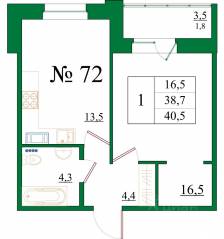 ЖК «Орловский бульвар», планировка 1-комнатной квартиры, 40.50 м²