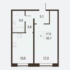ЖК «Дом на набережной», планировка 1-комнатной квартиры, 39.10 м²