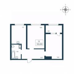 ЖК «Расцветай в Янино», планировка 2-комнатной квартиры, 55.60 м²