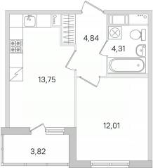 ЖК «Ясно. Янино», планировка 1-комнатной квартиры, 36.82 м²