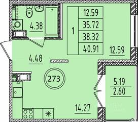 МЖК «Образцовый квартал 14», планировка 1-комнатной квартиры, 35.72 м²