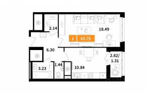ЖК «Планерный квартал», планировка 1-комнатной квартиры, 43.75 м²
