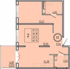 МЖК «Образцовый квартал 16», планировка 2-комнатной квартиры, 60.18 м²