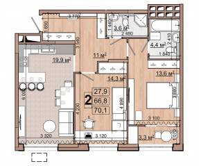 ЖК «Гранд Комфорт», планировка 2-комнатной квартиры, 70.10 м²