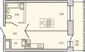 ЖК «Экос», планировка 1-комнатной квартиры, 39.10 м²
