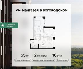 ЖК «Мангазея в Богородском», планировка 2-комнатной квартиры, 55.00 м²