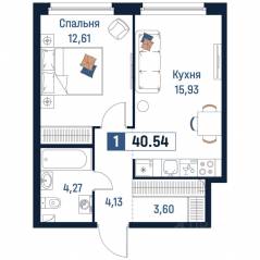 ЖК «Максималист», планировка 1-комнатной квартиры, 40.54 м²