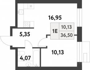 ЖК «Smart Garden», планировка 1-комнатной квартиры, 36.50 м²