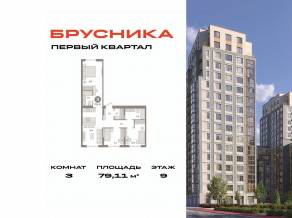 ЖК «Первый квартал», планировка 3-комнатной квартиры, 79.11 м²