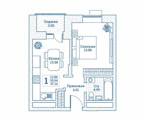 ЖК «Новоград Монино», планировка 1-комнатной квартиры, 37.40 м²