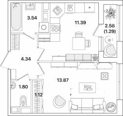 ЖК «Академик», планировка 1-комнатной квартиры, 37.35 м²