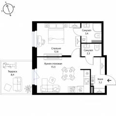 МЖК «Экография», планировка 1-комнатной квартиры, 41.50 м²