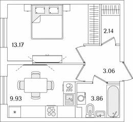 ЖК «Кинопарк», планировка 1-комнатной квартиры, 32.16 м²