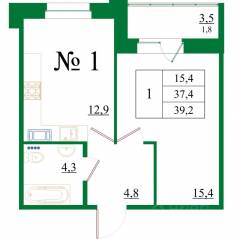 ЖК «Орловский бульвар», планировка 1-комнатной квартиры, 39.20 м²