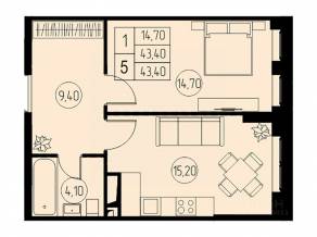 ЖК «31 квартал», планировка 1-комнатной квартиры, 43.40 м²