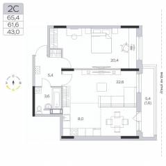 ЖК «Пироговская Ривьера», планировка 2-комнатной квартиры, 61.40 м²
