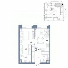 ЖК «Страна.Заречная», планировка 2-комнатной квартиры, 43.50 м²
