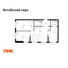 ЖК «Витебский парк», планировка 3-комнатной квартиры, 76.90 м²