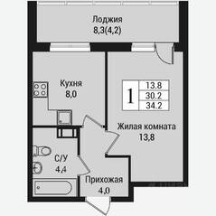 ЖК «Южная заря», планировка 1-комнатной квартиры, 38.60 м²