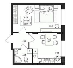 МЖК «Верево-Сити», планировка 1-комнатной квартиры, 38.65 м²