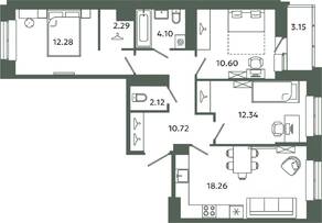 ЖК «Загляденье», планировка 3-комнатной квартиры, 72.71 м²