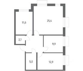 ЖК «Парусная 1», планировка 3-комнатной квартиры, 76.20 м²