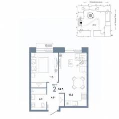 ЖК «Страна.Заречная», планировка 2-комнатной квартиры, 38.70 м²