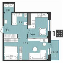 МЖК «Новокасимово», планировка 1-комнатной квартиры, 46.50 м²