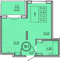 МЖК «Образцовый квартал 16», планировка 1-комнатной квартиры, 34.83 м²