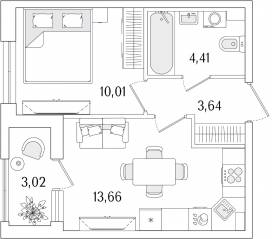 ЖК «Гранат», планировка 1-комнатной квартиры, 33.23 м²