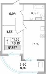 ЖК «Дом-Мегалит в Королёве», планировка 1-комнатной квартиры, 46.30 м²