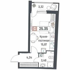 ЖК «Авиатор» (Девяткино), планировка студии, 25.35 м²